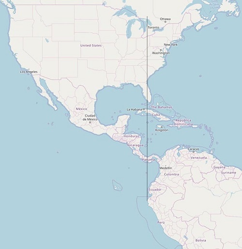 South America is entirely east of North America.
